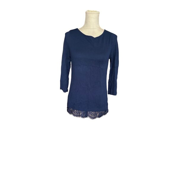 Chicos 3/4 Sleeve Lace Hem Navy Top Size 00 Layering Piece Office Thermal - Picture 1 of 12